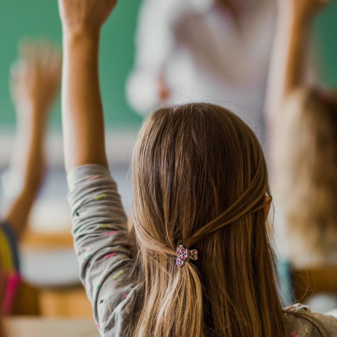 Kinder in der Schule heben die Hände