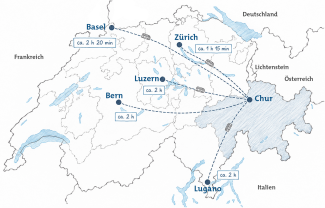 Graubündenkarte in der Schweiz mit Verbindungen zu Schweizer Städten