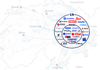 Karte mit verschiedenen Unternehmen im Photonics Cluster in Graubünden